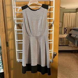 LOFT Black and White Sleeveless Fit-and-Flare Midi Dress